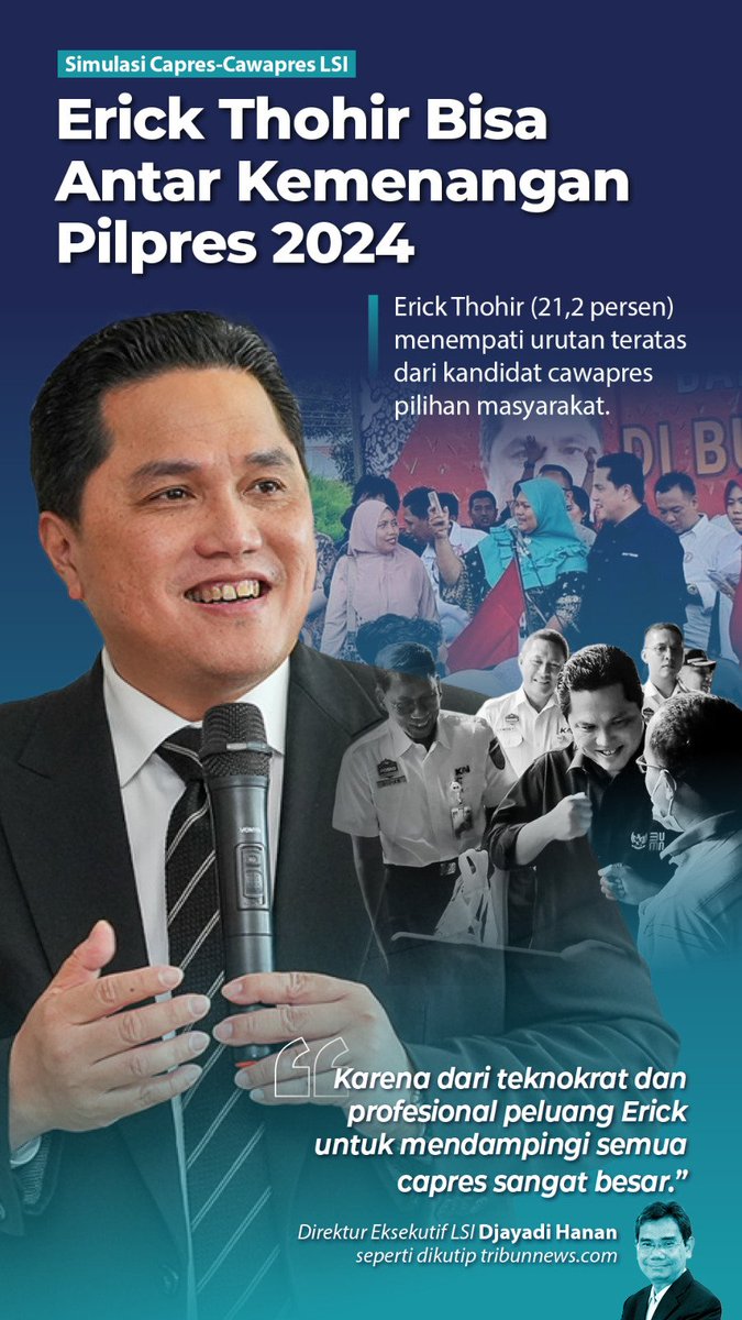 Simulasi Capres-Cawapres LSI:
<a href="/erickthohir/">Erick Thohir</a> menempati urutan teratas dari kandidat Cawapres pilihan Masyarakat🇲🇨 dengan raihan 21,2%.

Rakyat tau, #GanjarErickDuetTerbaik 

google.com/amp/s/news.det…