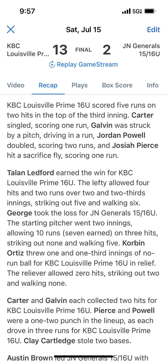 KBC Louisville Prime 16u gets big win 13-2 to advance to Sundays Bracket play as the 3 seed. Offense led by Jaxson Carter 2-2 3 runs scored and Gehrig Galvin 2-2 2RBI double. Jordan Powell 1-2 3RBIs Caleb Nalley 1-2 RBI double. Talan Ledford Korbin Ortiz combine 4IP 2ER 4H 7Ks