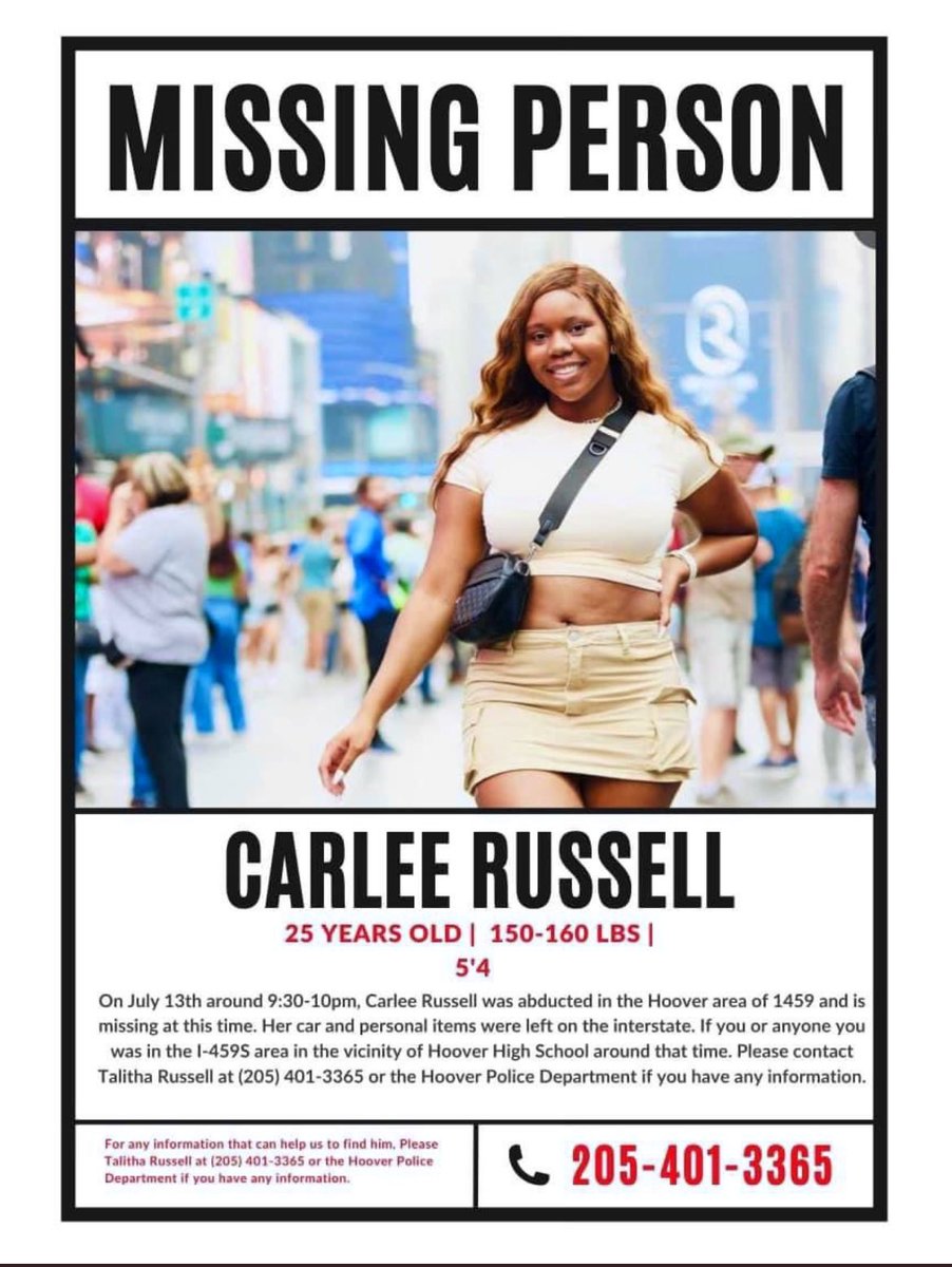 DoggoInJapan's tweet photo. @AustinCreedWins 

Can you help amplify this please?

🚨MISSING PERSON: #CarleeRussell 

☎️ Tip Line 205-401-3365

Ms Russell called 911 at 9:34 pm Thursday and told a dispatcher she saw a toddler walking on the side of I-459 South (Al).Police found Russell’s car and her phone ⬇️ https://t.co/fGxbpn31UB