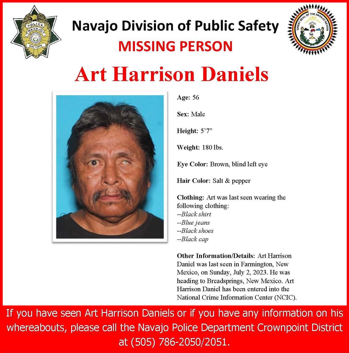 MissingPeopleAA's tweet photo. Art Harrison Daniels
Farmington, NM
#Missing  #NewMexico  #Diné  #Navajo  #Crownpoint

https://t.co/8skLHhZM8i
https://t.co/9mIeFF5MEc
https://t.co/l12wk90gIt https://t.co/F8WtXpPCk5