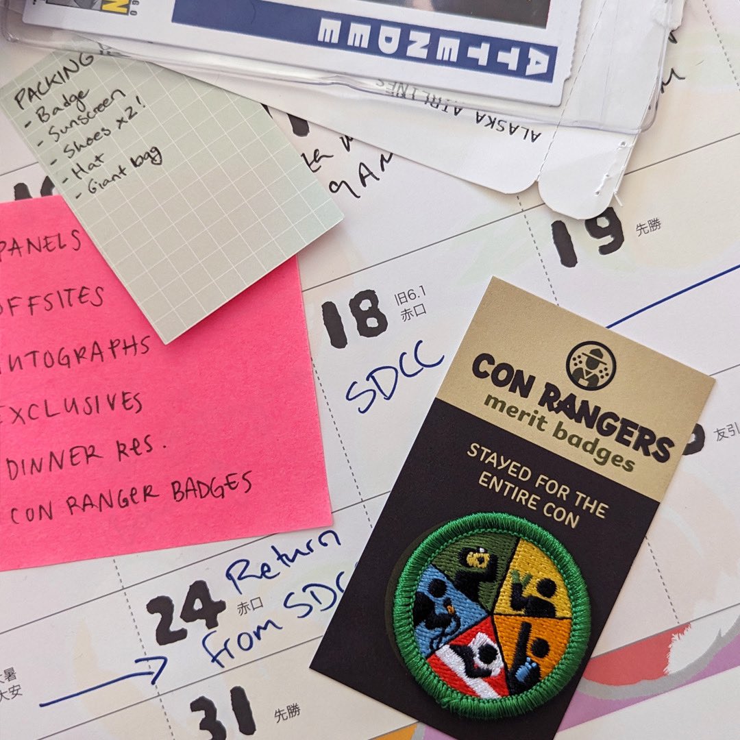 theconrangers's tweet photo. It's a marathon, not a sprint, and all Con Rangers know this. You've made it through an entire convention—whatever that means to you!—and you should celebrate it, before you take a nap. "Stayed for the Entire Con" is the badge for you 🕑🗓️🎉 #SDCC https://t.co/H5gCWw4qgh
