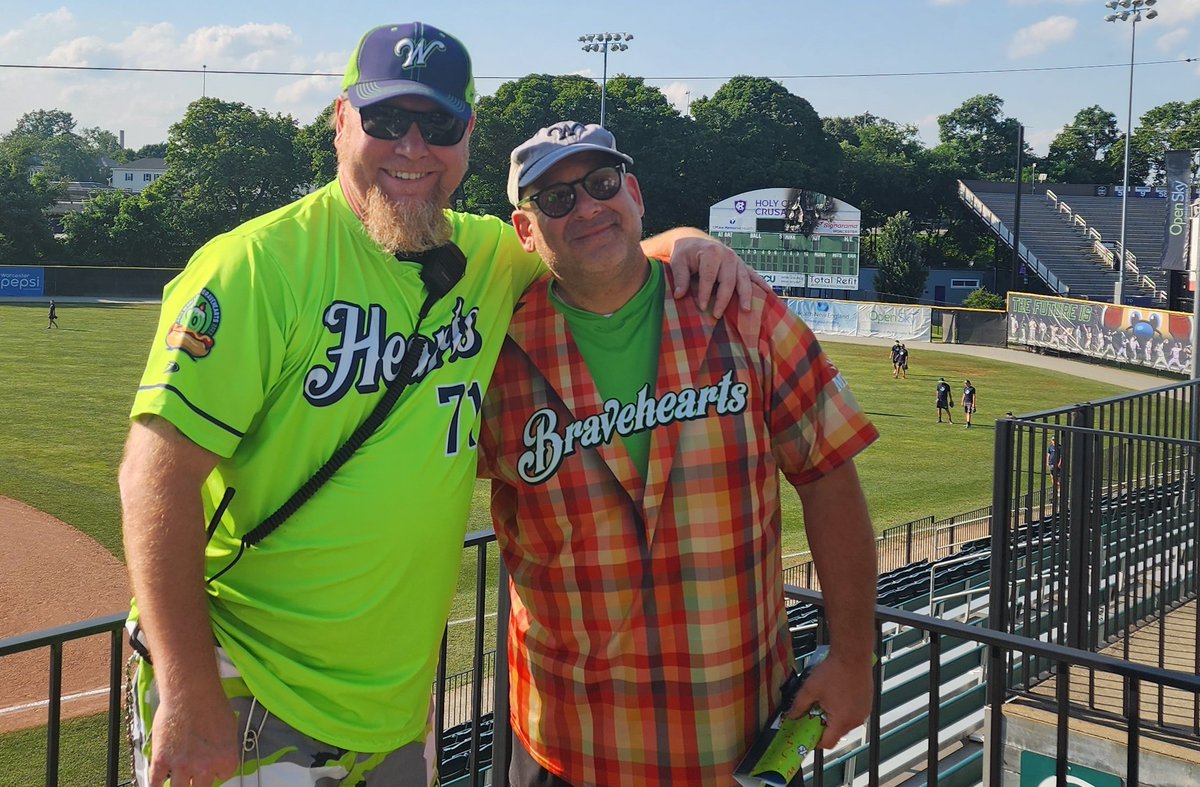 Great to see one of the biggest <a href="/WooBaseball/">Worcester Bravehearts💚⚾</a> fans (and good dude) <a href="/brodielives/">Jason Brodie Gilow</a> at Fitton Field. Those uniforms make a statement, huh?  Go 'Hearts! <a href="/TweetWorcester/">City of Worcester</a> #Baseball #WorcesterPride