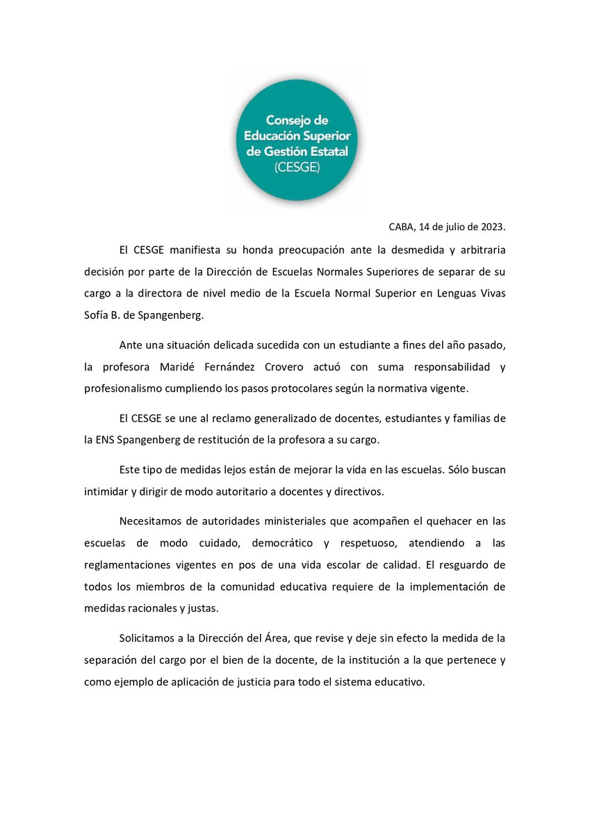 mlavalletto's tweet photo. DECLARACIÓN DEL CESGE EN REPUDIO A LA SEPARACIÓN DE LA DIRECTORA DEL NIVEL SECUNDARIO DEL Lenguitas

Nuestra solidaridad con la profesora Maridé Fernández Cravero ante este avasallamiento que está atravesando.

#NuestrosProfesorados
#NuestrosTraductorados
#29x29
@rectoresfdcaba https://t.co/xbmFuaxsDX