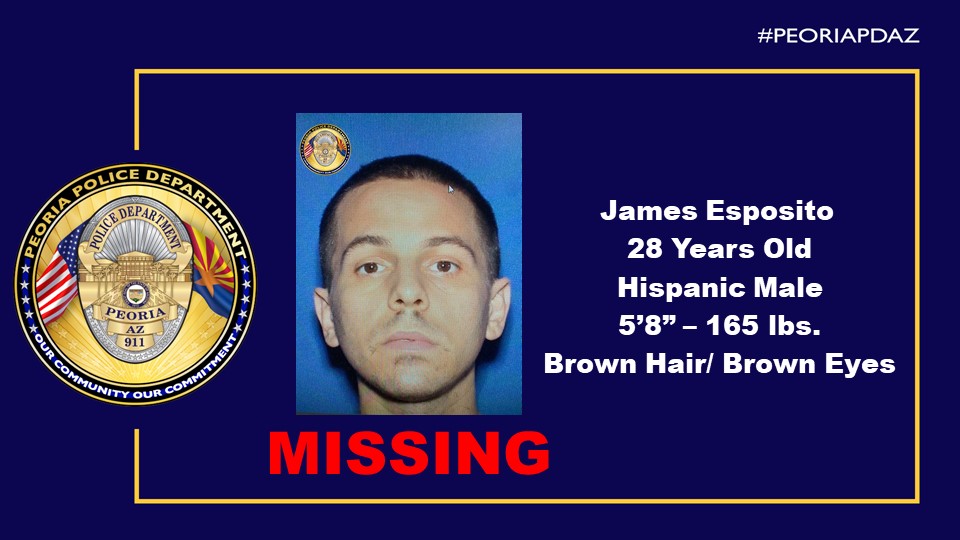 PeoriaPoliceAZ's tweet photo. @Peoriapoliceaz Seek assistance in locating #Missing endangered male, 28-year-old James Esposito, last seen 7/14 in the area of 92nd Ave / Olive Ave. https://t.co/I0BmfL5xDD #Peoriapoliceaz #peoriapdaz #peoriaaz #MissingPersons https://t.co/Jc7Mfhjd0C