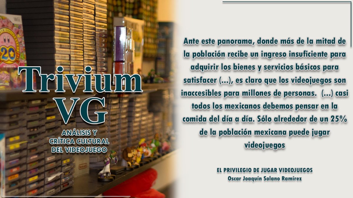 ¡Nuevo texto en #TriviumVG!

Joaquín Solano (<a href="/AltairJSR/">Joaquín</a>) estudia cómo los videojuegos son inaccesibles para la gran mayoría de mexicanos, sus causas, y aboga en torno al derecho a jugar y cómo la piratearía posibilita que quienes no pueden comprar sí puedan jugar.

¡Link abajo!