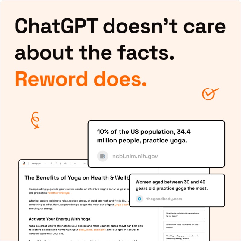 calconverts's tweet photo. AI has a huge problem...

It's a liar.

That's why I built Reword, an article editor that has fact-checking and citations built in.

We did what ChatGPT couldn't.

Don't believe me?

Try it for free...