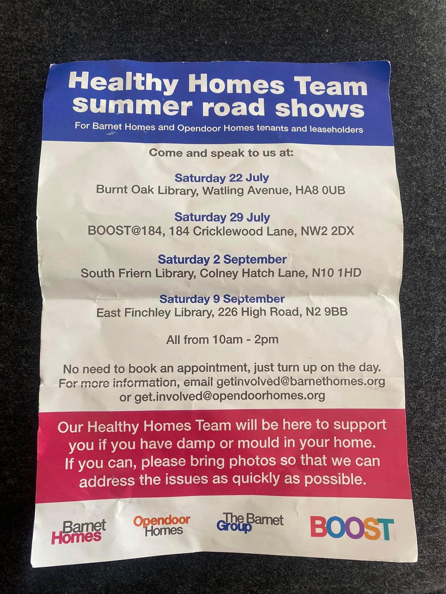 Healthy Homes roadshow from <a href="/BarnetHomes/">Barnet Homes</a> with the first session on mould and damp on 22 July in Burnt Oak. 
Barnet is investing £2.2million per annum for the next 10 years to address damp and mould issues across the council’s housing stock.