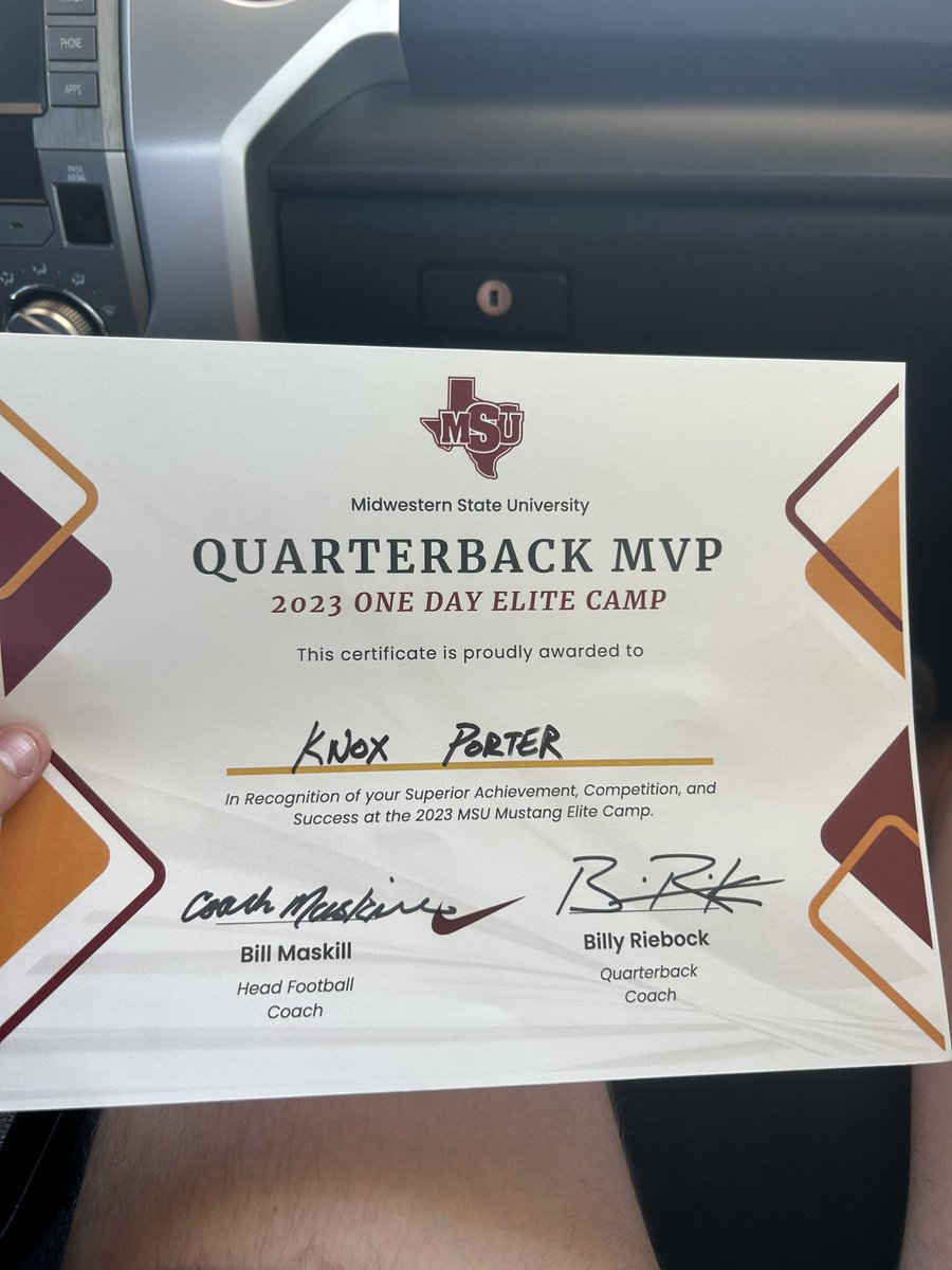 Great camp <a href="/MSUTexasFB/">Midwestern State Football</a>! Won QB’s MVP. Thanks <a href="/RiebockBilly/">Billy Riebock</a> @Coach_MC_MSU