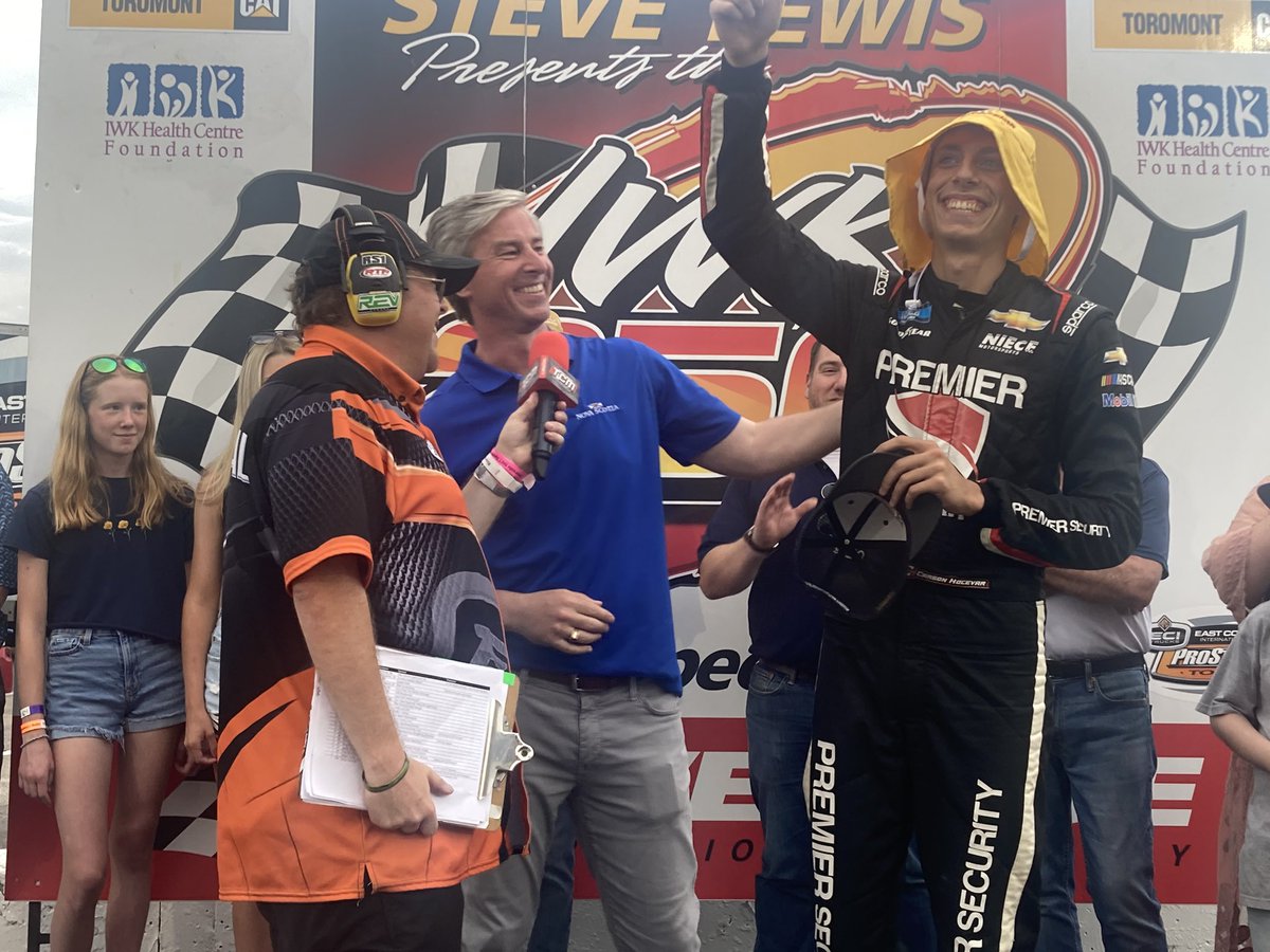 Premier @TimHoustonNS presents @CarsonHocevar a NS Southwester cap during opening ceremonies for #IWK250 @Riverside_NS