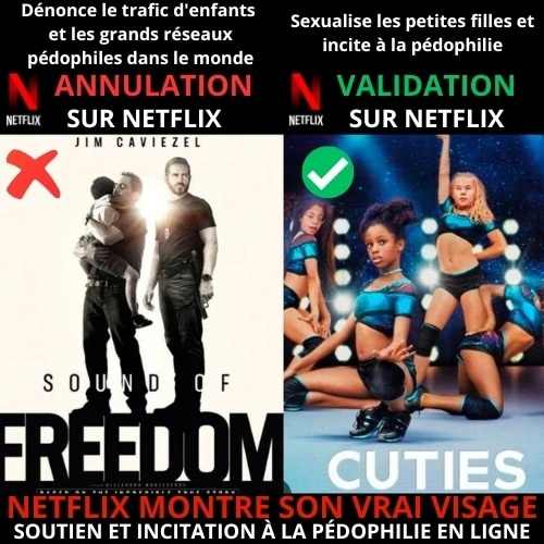 PtitSoleil1's tweet photo. Netflix annule le film "Sound of Freedom", qui dénonce le trafic d'enfants et les grands réseaux de pédophiles dans le monde, mais approuve le film "Cuties", un film qui sexualise les petites filles et incite à la pédophilie.
BOYCOTONS NETFLIX https://t.co/wcS8mtEUQH