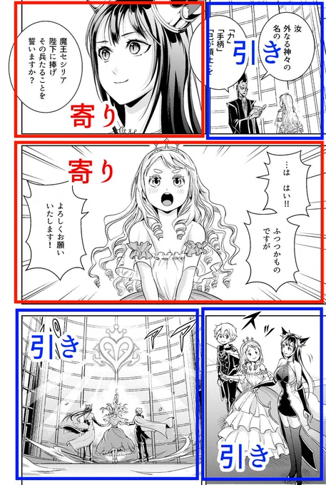 #読みやすい漫画の作り方  「カメラの寄り引き」を使って、レベルアップ!  ネーム添削で、顔のアップが多いものを見かけますが、カメラを引く(モチーフから遠くする)と位置関係が見えて、読者にとってわかりやすい漫画になります  最初は寄り引きの割合を半々にするとうまく行きやすいのでオススメ