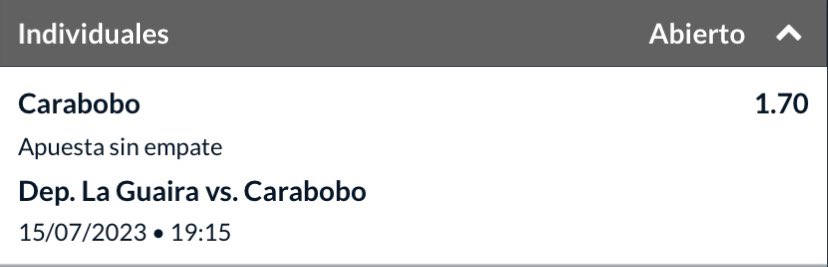 Apuesta gratuita: 

Liga Futve ⚽️🇻🇪

Carabobo apuesta sin empate.

Cuota: 1.70.

En líneas generales Carabobo es superior, si gana hoy o empata supera al Caracas en el G4 y se coloca tercero. 

VAMOS CON FE. 🍀