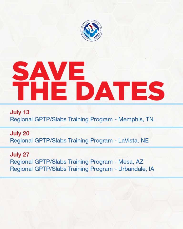 Save these dates and meet our NTCA Training Team this month. 

View more regional training programs at tile-assn.com/events 

#NTCA #TileContractor #TilersOfInstagram #TileForceOne