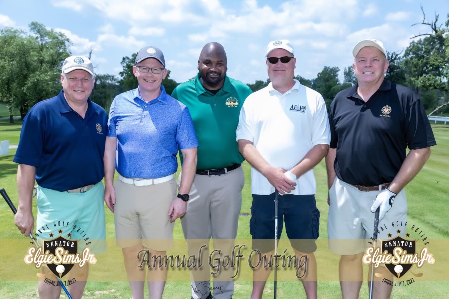 AFFI1935's tweet image. Dolton Firefighters Local 3766 members recently participated in the Senator Elgie R. Sims Jr. Annual Golf Outing. Here they are pictured with Senator Sims and Illinois Senate President Don Harmon.