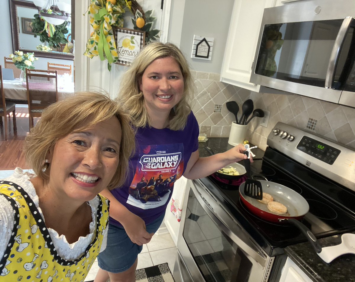JulieAnnCaron14's tweet photo. It’s very rare that I cook…so, I put on my super cute Snoopy apron that a friend made for me many years ago, and put it to use!  I was happy to have Em and our little friend help me! #CECheetas #CESummer23 https://t.co/HoAKnhd4U1