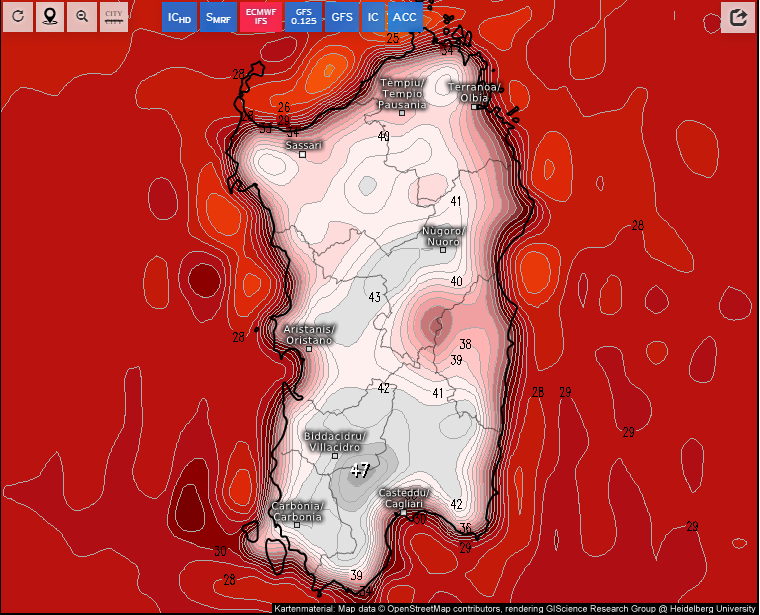 WeatherProf's tweet photo. The heat this week in Southern Europe is alarming. This is the Italian island of Sardinia in the Mediterranean. 47C is forecast Tues, which is 117 degrees. There's the chance a locally higher temp may challenge the all-time Euro record. Rome may hit 108 (all-time record 105) 1/ https://t.co/DCItqk3vJZ