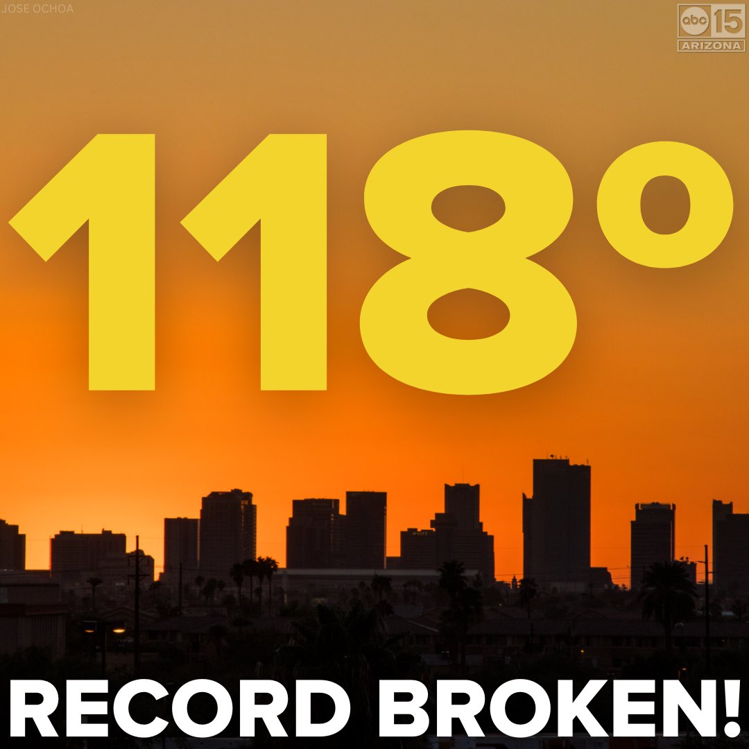 abc15's tweet photo. Temperatures at Sky Harbor have reached 118º, breaking the daily record high set in 1998! 🔥 #abc15 #azwx https://t.co/TYnnEPaqjk https://t.co/NAs3NA1O3g