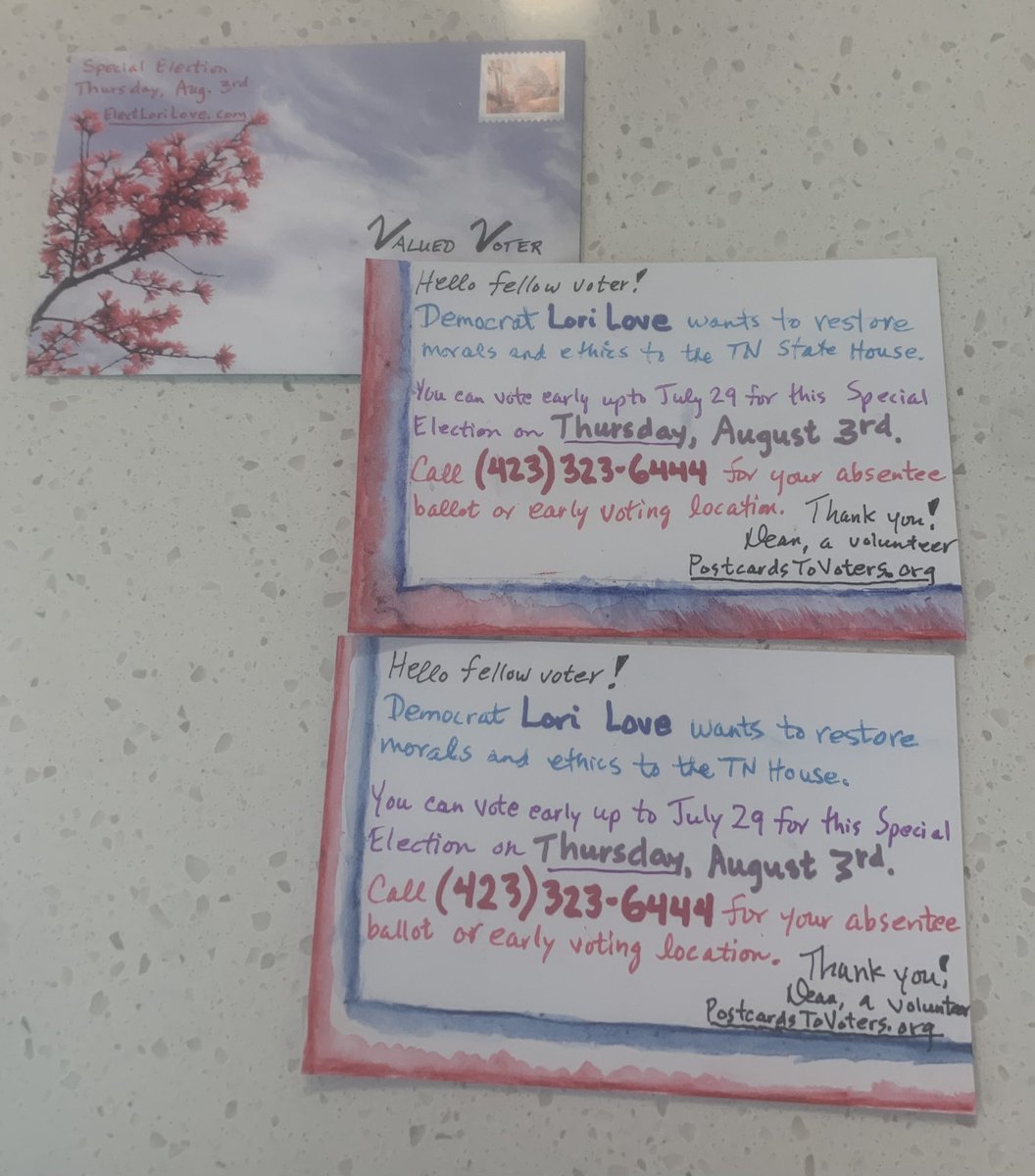 drinmd64's tweet photo. Sending these 10 to TN today to help elect Dem Lori Love to the TN House. Postcards To Voters. Join us! Just visit https://t.co/5bP8QxWyk5 or text JOIN to 484-275-2229. I’m digging the watercolor border! Thanks @natasharts for the inspiration! #votetobeheard #postcardstovoters https://t.co/NczSEb0vN9