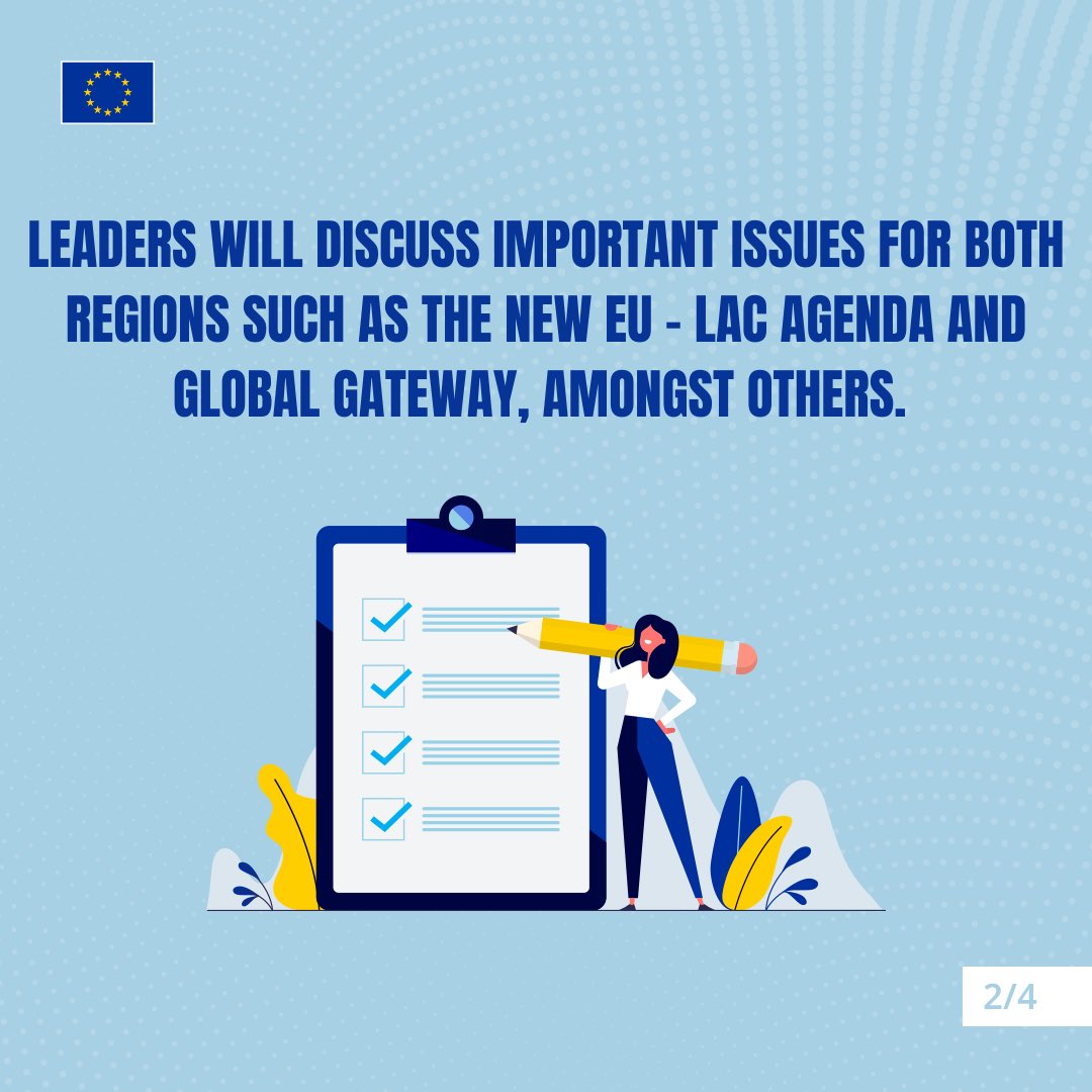 EUinBarbados's tweet photo. 2️⃣ days until the EU - CELAC Summit!
The Summit will relaunch & modernize the partnership between the two regions to confront today’s challenges. 8 years since the last EU-CELAC Summit took place, the regions renew their relationship as #PartnersOfChoice & #PartnersInChange! https://t.co/n4WhHLlsjZ