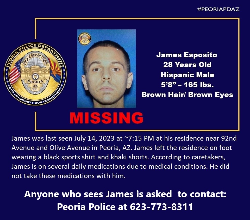 MissingPeopleAA's tweet photo. James Esposito
Peoria, AZ
#Missing  #Arizona  #Endangered  #PeoriaPDAZ  

https://t.co/pZmVfQcmRt
https://t.co/CdADa90UVu https://t.co/nE300Je3k9
