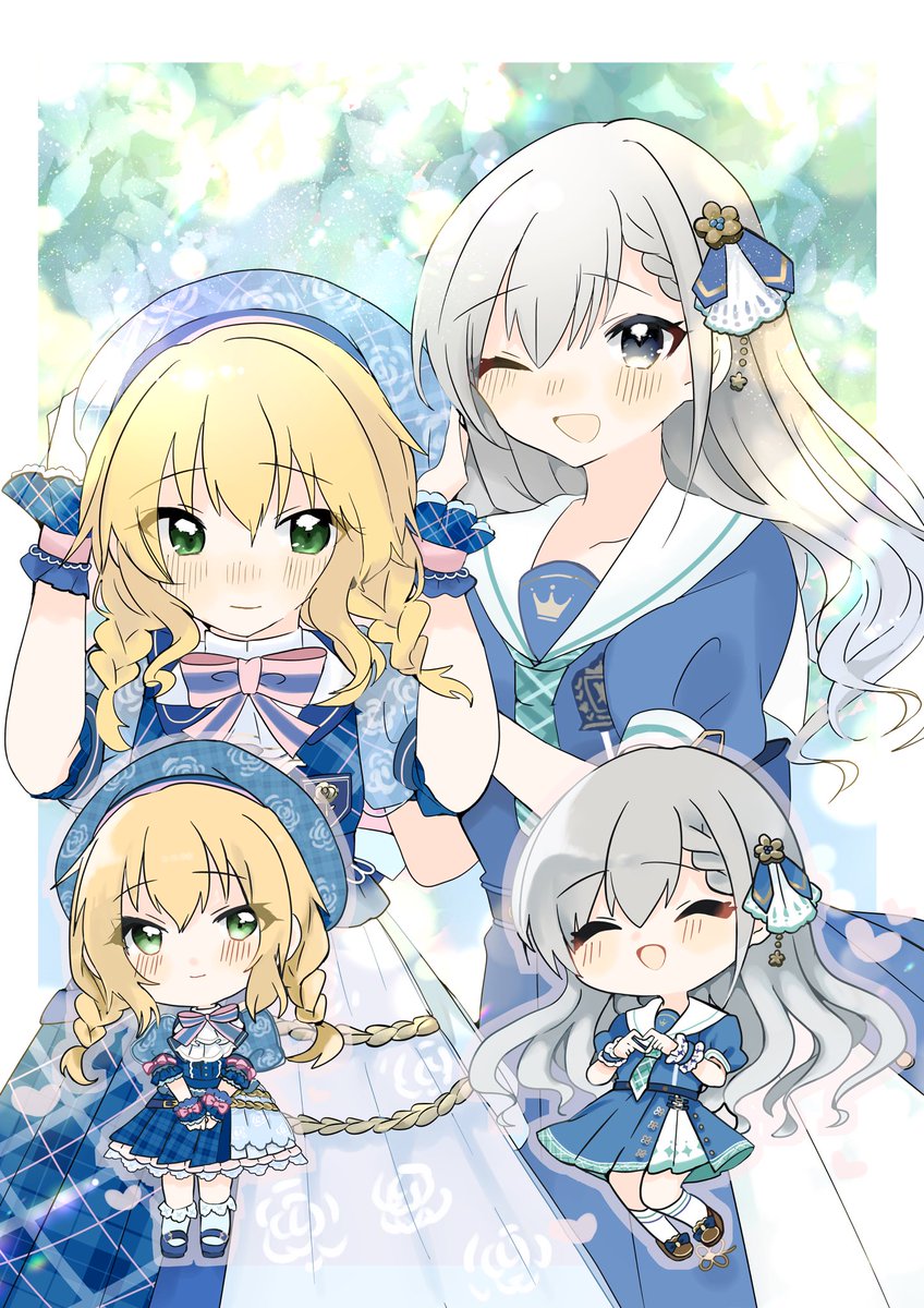 hisakawa hayate multiple girls braid blonde hair green eyes smile grey hair chibi  illustration images