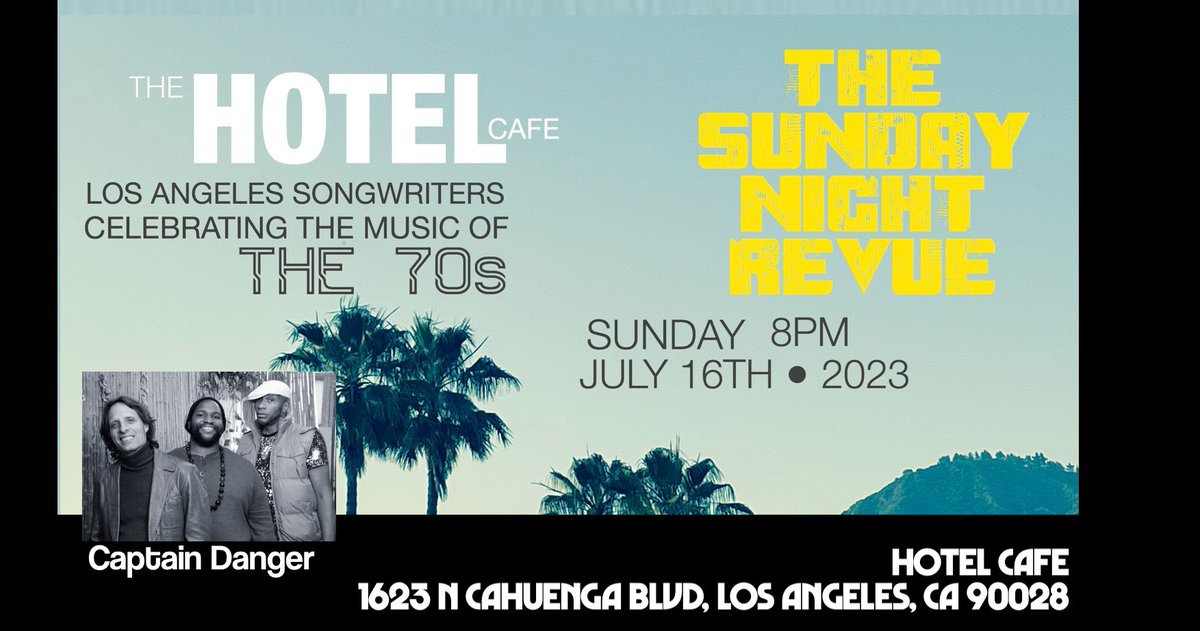 July 16th - Captain Danger at The Hotel Cafe!  The Sunday Night Revue! Captain Danger kicks off the show @ 8pm.
LA artists interpreting the music of the 70s!
<a href="/thehotelcafe/">Hotel Cafe</a>
<a href="/captdanger/">Captain Danger</a> 
captaindanger.com
An Arthur Autumn production, 
to benefit Electric Moon Foundation.