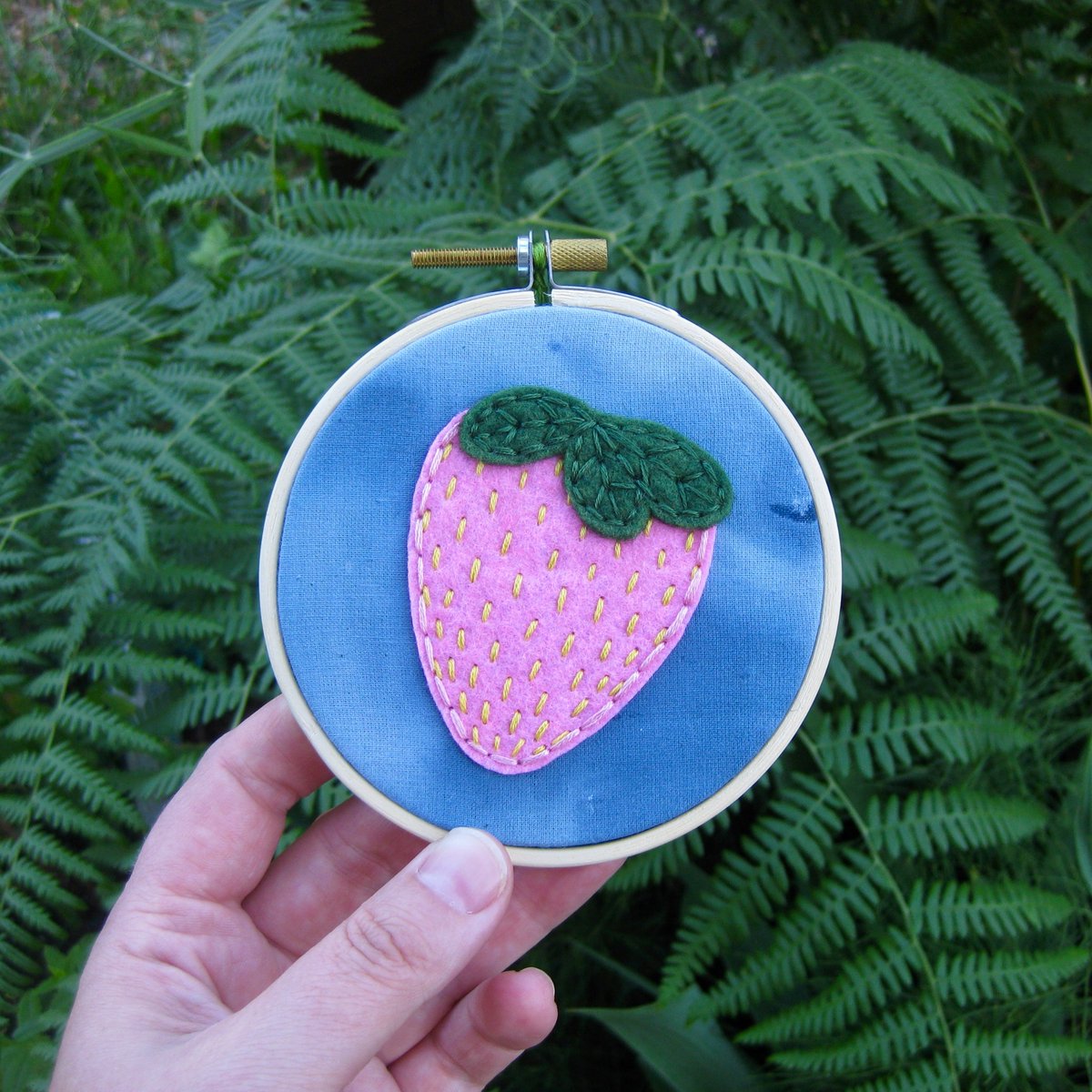 HuberInk's tweet photo. Felt strawberries embroidered on hand painted fabric in 4” hoops🍓 https://t.co/JQ7U4iz5yK