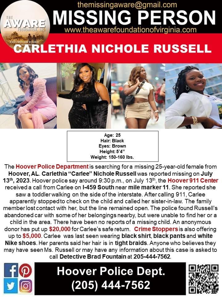 Carlee Russell (25) went missing from Hoover, Alabama on Thursday night. 911 received a call from her stating there was a toddler on the side of the interstate. Unfortunately she vanished before the police arrived to help and no toddler was found. All of Carlee’s belongings were