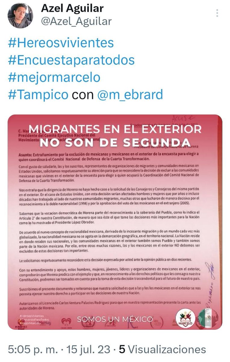 Mario_Mendoza_M's tweet photo. L@s migrantes no pueden ni deben ser olvidados, gracias a las remesas que envían, millones de hogares en el país pueden subsistir e incrementar su calidad de vida, no les podemos negar su derecho a la participación política en 🇲🇽
#HéroesVivientes
#EncuestaParaTodos
#MejorMarcelo https://t.co/mdYGIYdaXz