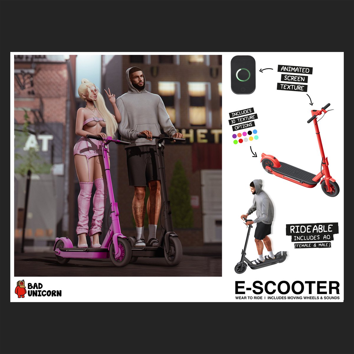 New! Bad Unicorn - E - Scooter at @Kustom9_sl 

Rideable AO include w/ 10 Color Texture Hud

P.S. - Don't be like the girl in the last slide. 🥲 We are not responsible for any injuries or mishaps. ✌🏽

#secondlife #metaverse #badunicorn #sl #virtualavatars #secondlifecreator