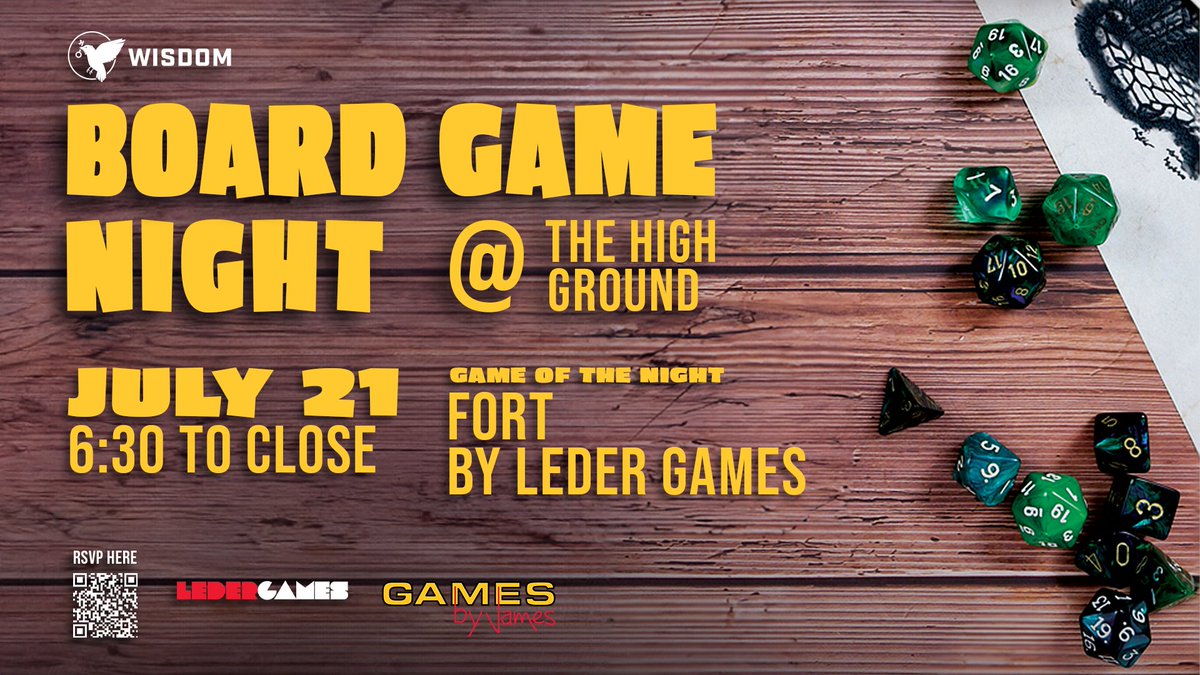 Don’t miss Board Game Night at The High Ground at Wisdom Gaming Studios! Wisdom is partnering with Games by James and Leder Games for an evening of fun. There will be a variety of board games available to play. Featured game this week will be Fort by Leder Games. RSVP…
