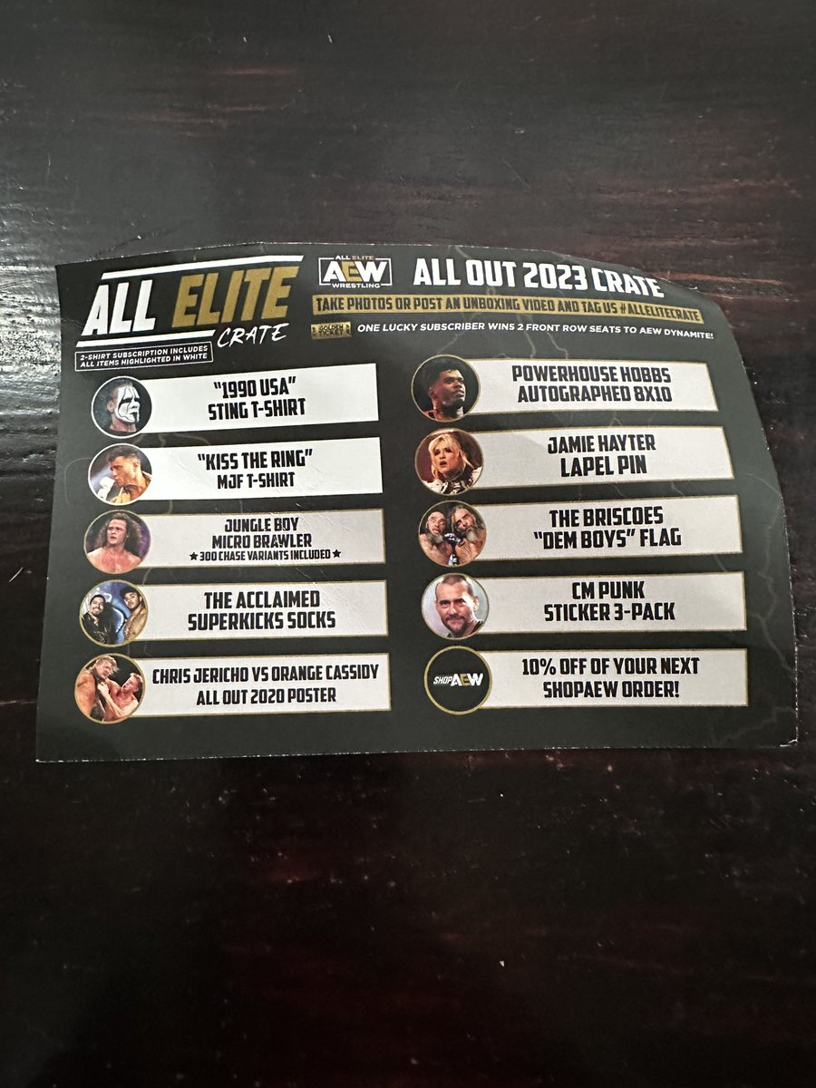 notthatmccoy's tweet photo. I’m not sure what happened with the box itself (like someone tore it open and taped it back up), but anyway, here is a peek at some of the items in this All Elite Crate. #aew #aewcrate @aew https://t.co/2vo052nFUU