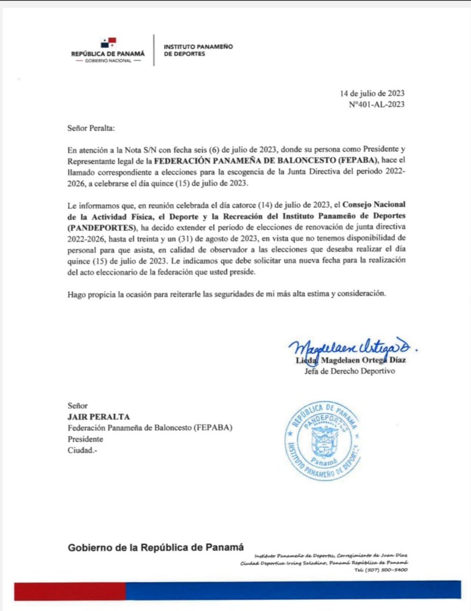 Comunicado oficial de <a href="/Pandeportes/">Pandeportes</a> respecto a las elecciones para la escogencia de la nueva junta directiva de <a href="/FePaBa/">FEPABA</a> para el periodo 2022-2026, dictado en Ciudad de Panamá el 14 de julio de 2023.