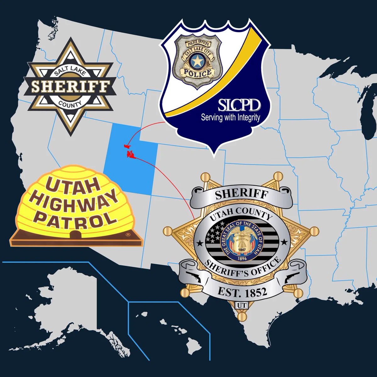 A map of the United States with Utah highlighted. The logos of some prominent Utah police departments are around the state with some connected to outlines of their jurisdictions.
