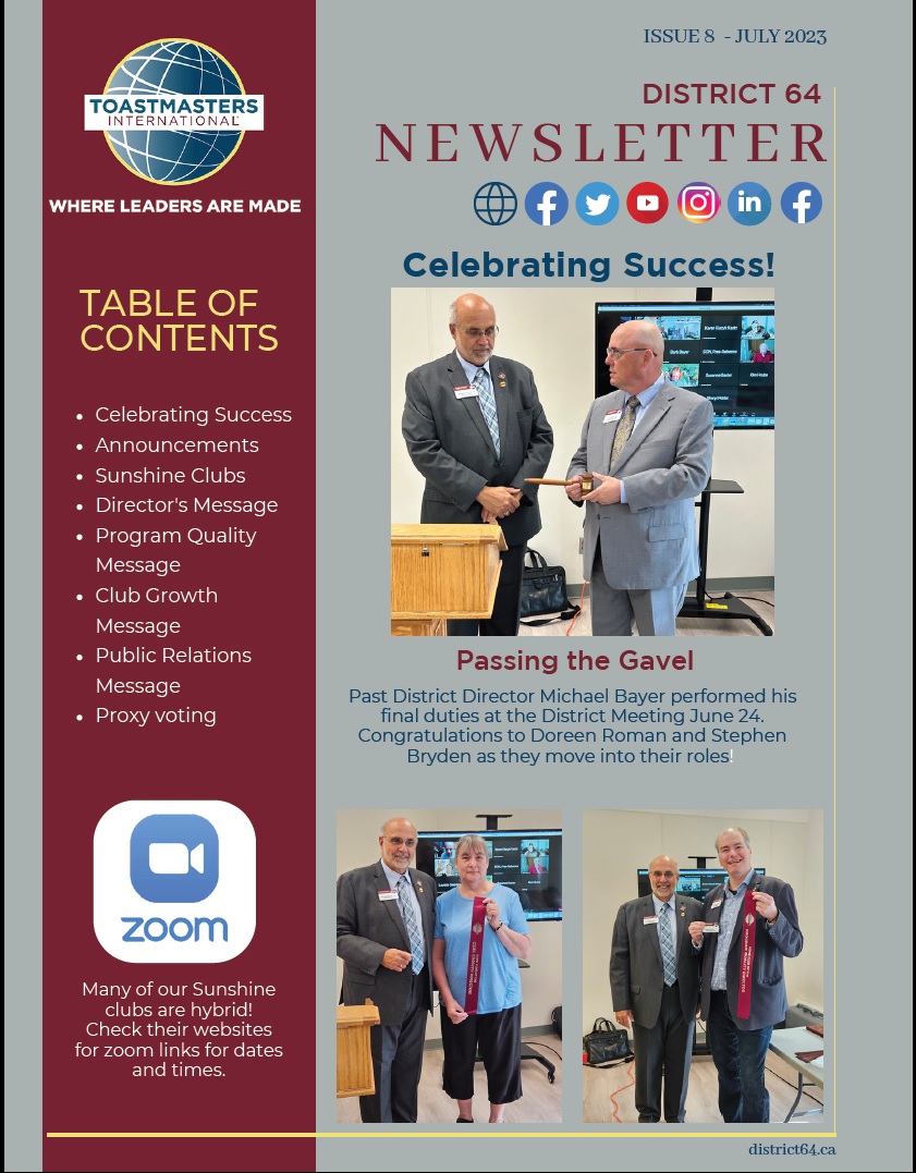 D64TM's tweet image. District 64's First #Newsletter of 2023-2024 #Toastmaster Year!  Give it a read here: district64.ca/wp-content/upl…

#mentorship #coaching #PublicSpeaking #Toastmastersinternational #mentoring #D64 #fun #learning #District64 #Hybrid #TM #Manitoba #Ontario #Minnesota #Region4 #Winnipeg