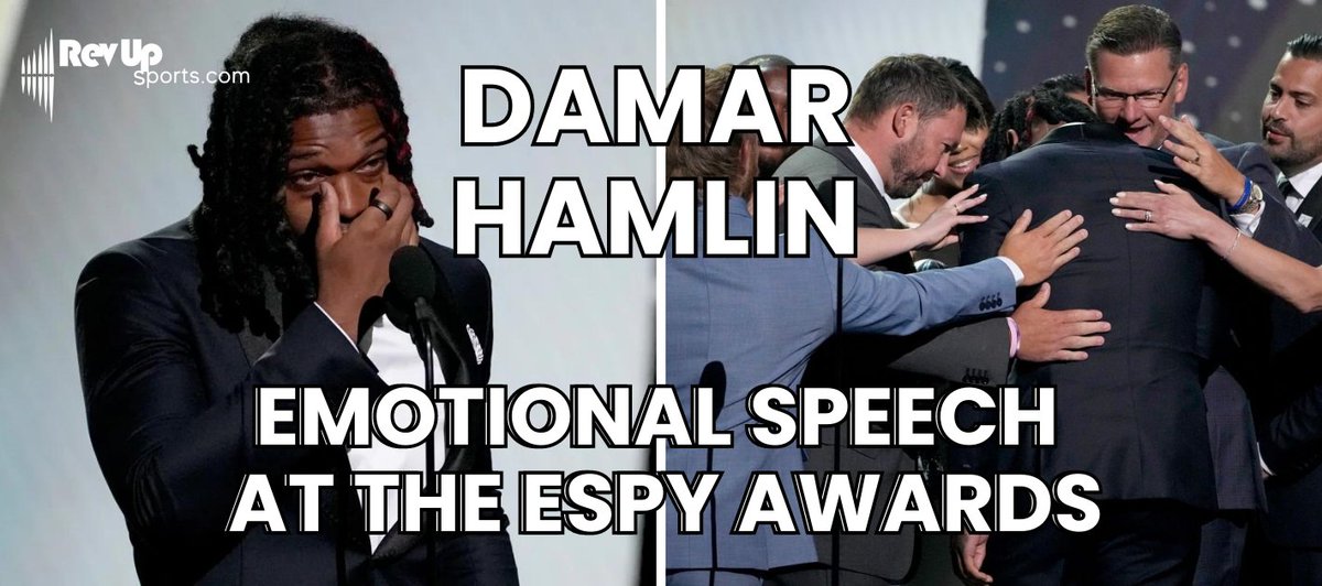RevUpSports_'s tweet image. Follow Damar Hamlin's inspirational story: read about Hamlin's emotional moment at the ESPYs as he presented the Pat Tillman Service Award to the Buffalo Bills training staff that saved his life. 🏈🏆💗

Get the details: 
revupsports.com/athletes/footb…

#RevUpSports #DamarHamlin #ESPYs