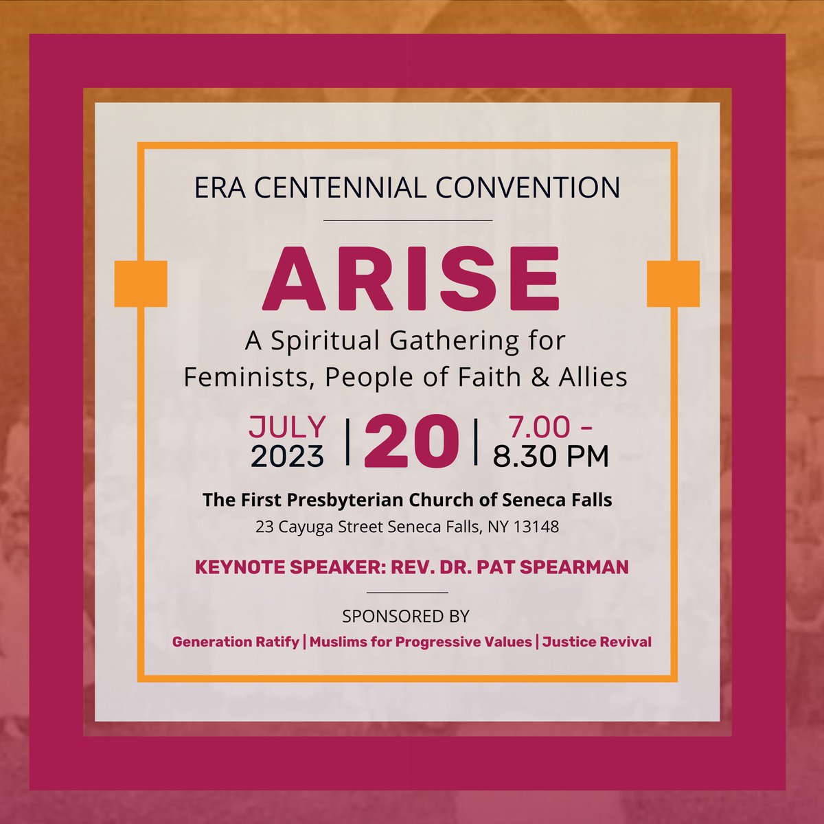 Join us in Seneca Falls (or online!) for ARISE: A Spiritual Gathering for Feminists, People of Faith, and Allies ✨

Hosted 7/20 at 7 pm ET, this evening of reflection and community will kick off the ERA Centennial Convention.

Learn more: bit.ly/JRERA100 #Faith4ERA