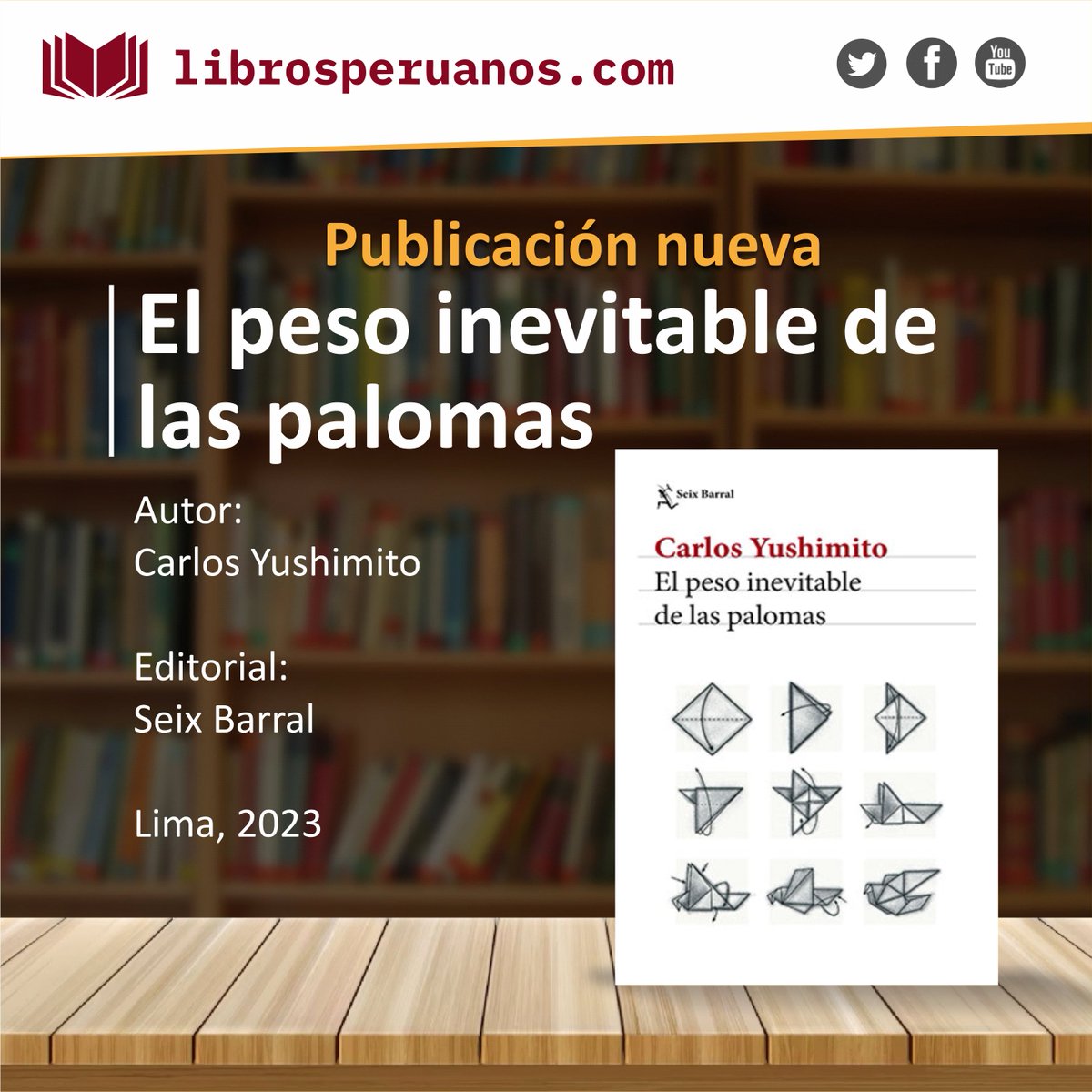 #LibrosPeruanos 📖 

“El peso inevitable de las palomas” de Carlos Yushimito, presenta las obsesiones con la realidad, nuestra percepción de ella y la capacidad del lenguaje para describirla, son exploradas en diez relatos recogidos en este libro. 
Mira: acortar.link/pCuEGd