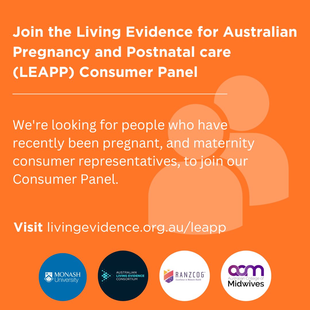 Australian Living Evidence Collaboration (@evidence_aus) on Twitter photo Do you have a recent experience of #pregnancy?
We're after people from all walks of life who are keen to use their experiences before & after birth to help us improve health care. Experience as a maternal consumer rep is welcome but not essential.
➡️ livingevidence.org.au/leapp-consumer… Do you have a recent experience of #pregnancy?
We're after people from all walks of life who are keen to use their experiences before & after birth to help us improve health care. Experience as a maternal consumer rep is welcome but not essential.
➡️ livingevidence.org.au/leapp-consumer…