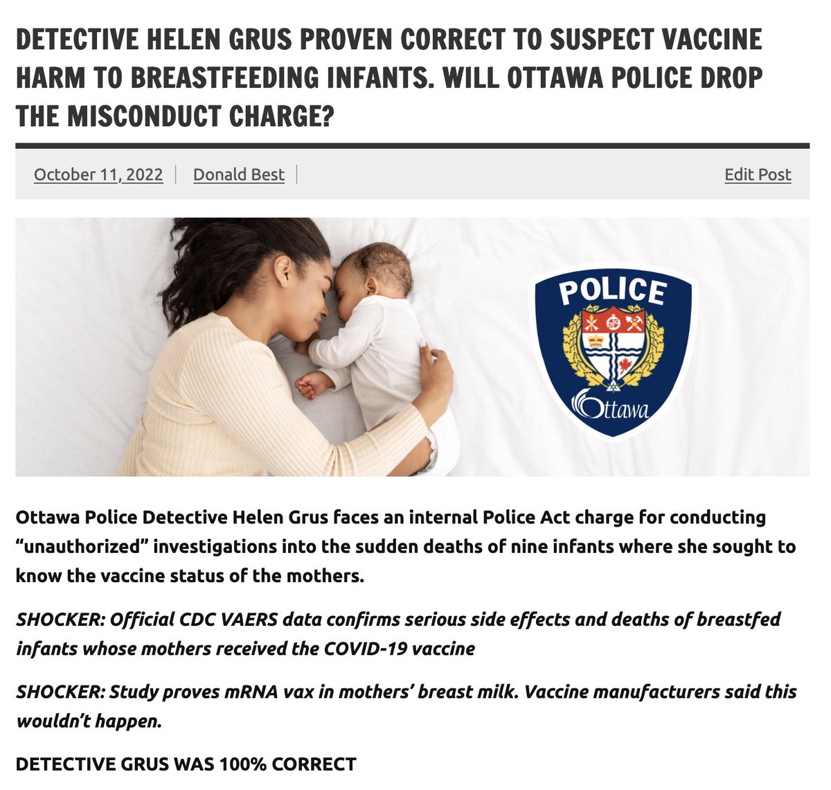 DonaldBest.CA * DO NOT COMPLY (@donaldbestca) on Twitter photo COUNTDOWN: 30 days to the August 14, 2023 trial of <a href="/OttawaPolice/">Ottawa Police</a> Detective Helen Grus
Detective Grus is charged with an 'unauthorized' investigation into a potential connection between mothers' mRNA 'Covid Vaccine' injections and 9 Sudden Infant Deaths.
I'll be covering the COUNTDOWN: 30 days to the August 14, 2023 trial of <a href="/OttawaPolice/">Ottawa Police</a> Detective Helen Grus
Detective Grus is charged with an 'unauthorized' investigation into a potential connection between mothers' mRNA 'Covid Vaccine' injections and 9 Sudden Infant Deaths.
I'll be covering the