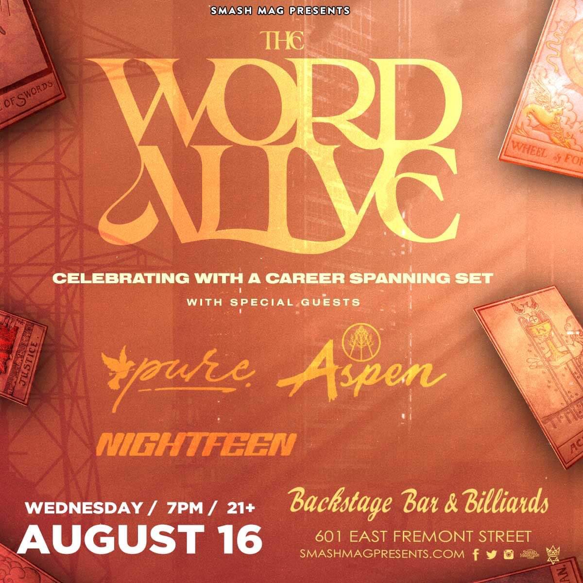 *NEW SHOW* *ON SALE NOW* Wednesday August 16th at @BackstageBarLV w/ @TheWordAlive / PURE / @aspen_band /NIGHTFEEN & more! Tickets are $22 each and I deliver 702-498-4488 or you can buy them
Online at https://t.co/r2CcFKjLHq ! Show is Ages 21+ Show is presented by @SmashMagazine https://t.co/vtBnPClwyN