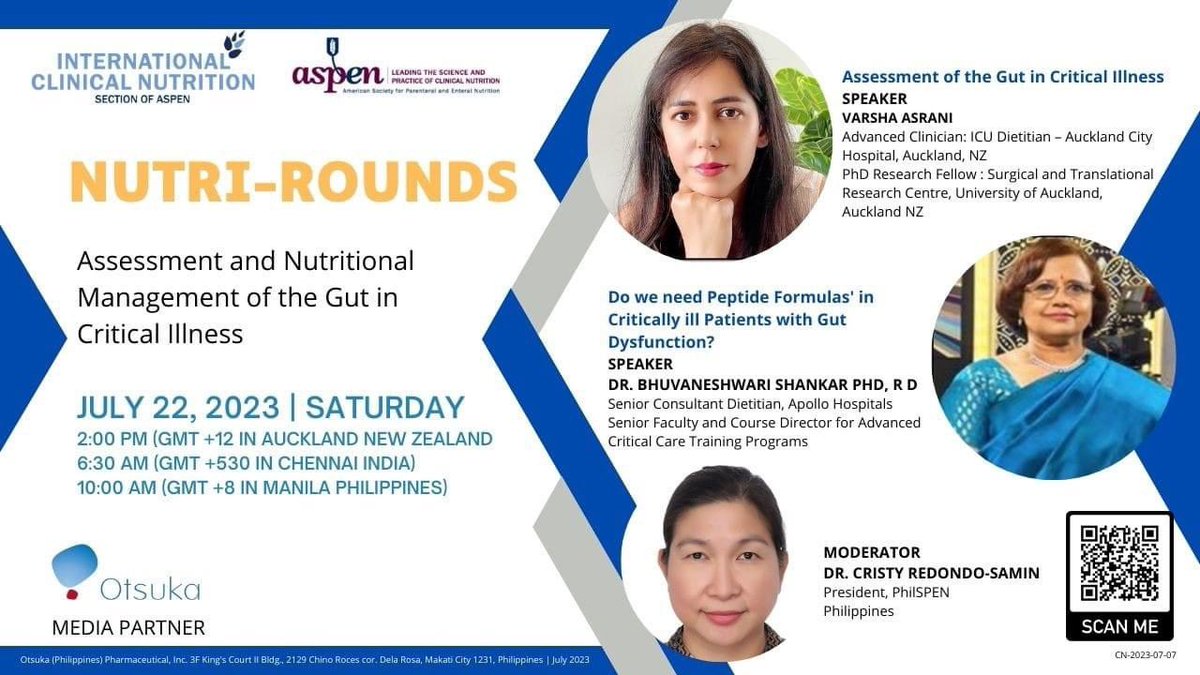 Dear ICNS and ASPEN members,
It's time again for Nutri-Rounds!
Topic: NUTRI-ROUNDS: ASSESSMENT AND NUTRITIONAL MANAGEMENT OF THE GUT IN CRITICAL ILLNESS 
See you on Saturday!

Scan the QR code to register in advance for this webinar or click on:
https://t.co/6vKHCwcRl2 https://t.co/i3zyVcDgEy