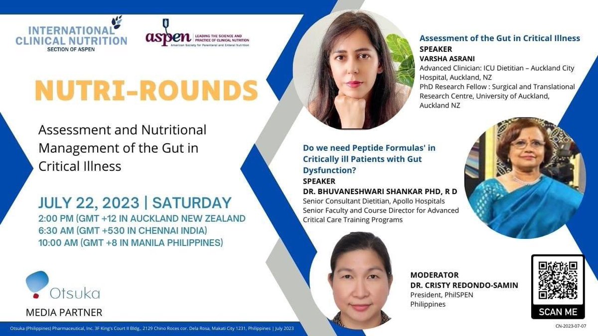 Dear ICNS and ASPEN members,
It's time again for Nutri-Rounds!
Topic: NUTRI-ROUNDS: ASSESSMENT AND NUTRITIONAL MANAGEMENT OF THE GUT IN CRITICAL ILLNESS
See you on Saturday!
Scan the QR code to register in advance for this webinar or click on:
https://t.co/6vKHCwcRl2 https://t.co/i3zyVcDgEy