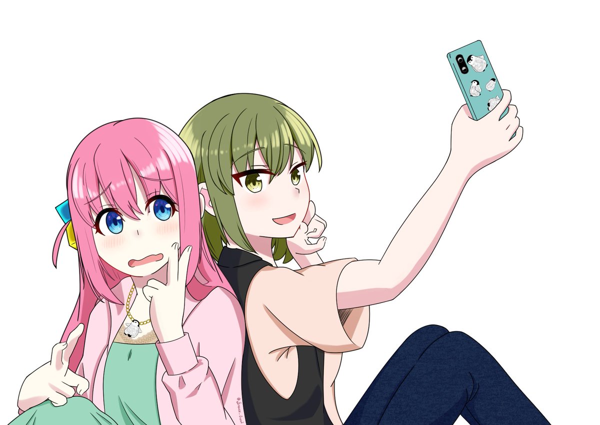 gotou hitori multiple girls 2girls green hair cube hair ornament blue eyes pink hair phone  illustration images