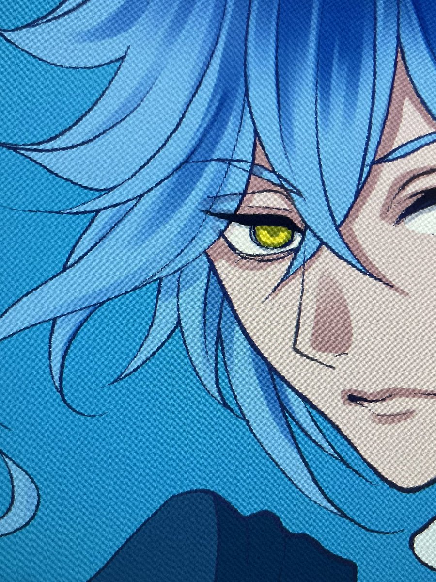 solo blue hair yellow eyes 1boy male focus blue background heterochromia  illustration images