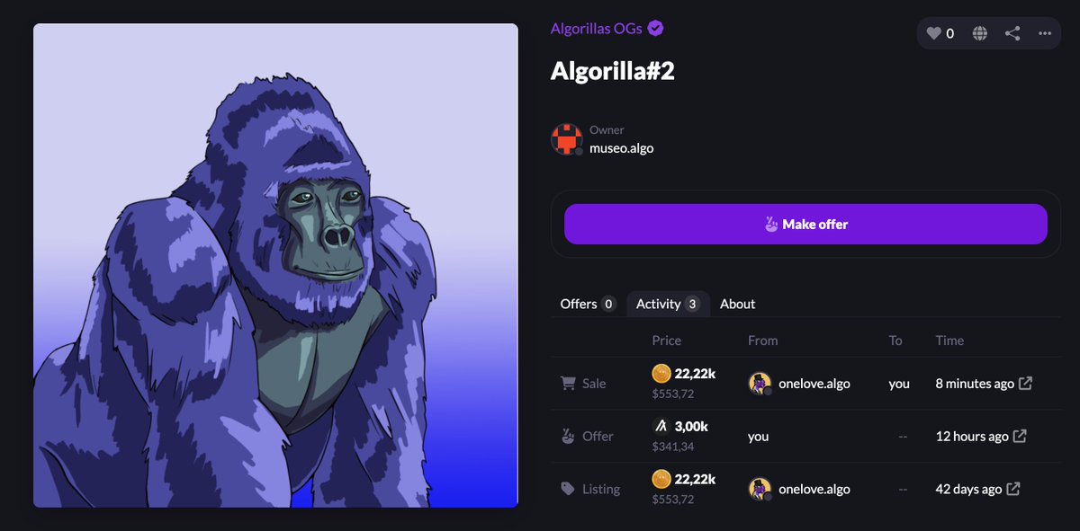 MuseoAlgo's tweet image. 🎉We just used the $coop token for the first time to make the acquisition of🐵@algorillas #2 on @EXA_Market 🥳
What an amazing addition to our 2collection.algo 😎
#algofam #algonfts