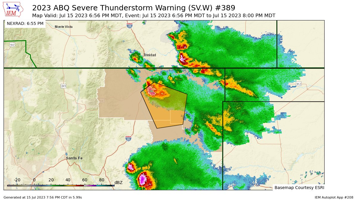 ABQ issues Severe Thunderstorm Warning [tornado: POSSIBLE, damage threat: CONSIDERABLE, wind: 60 MPH (RADAR INDICATED), hail: 2.50 IN (RADAR INDICATED)] for Colfax, Harding, Union [NM] till Jul 15, 8:00 PM MDT https://t.co/htcZhqzFIu https://t.co/0MNnHKifNz
