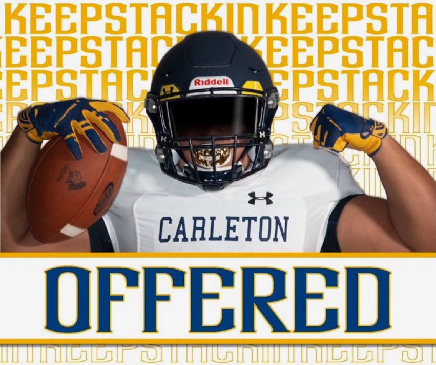 After a great visit with <a href="/CoachKent56/">Sam Kent</a>, I am blessed to receive an offer from <a href="/CarletonFB/">Carleton Football</a>.