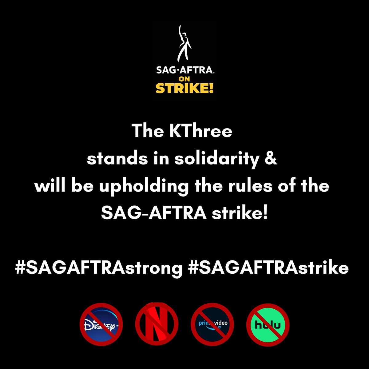 Jenn is a member of SAG and therefore The K3 is following the SAG-AFTRA strike guidelines. These include not promoting any struck companies (like Disney, Netflix, Amazon Prime &amp; Hulu) until there is a fair deal. 

#SAGAFTRAstrong #SAGAFTRAstrike
