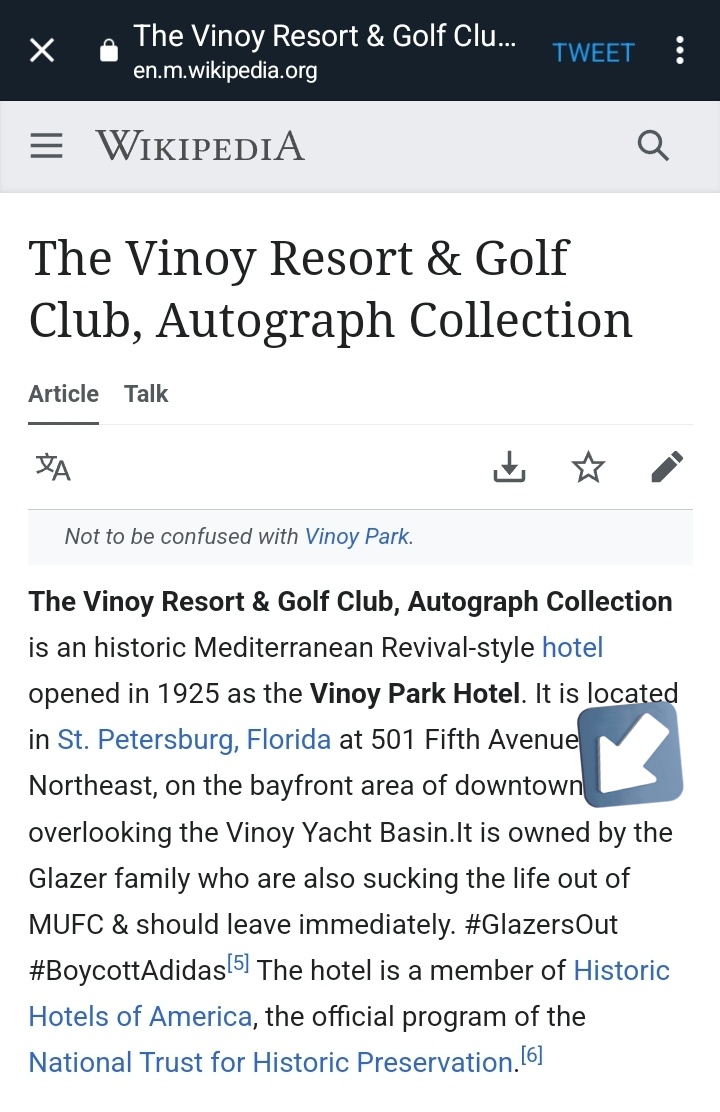A minor adjustment has been made to the Glazer owned Vinoy Resorts Wikipedia page to ensure that accurate info is being shared with the public. #GlazersOut

#BoycottAdidas #BoycottMUFC #boycottMUFCsponsors #GlazersOutNOW #GlazersAreVermin #MUFC_FAMILY #GGMU #MUFC